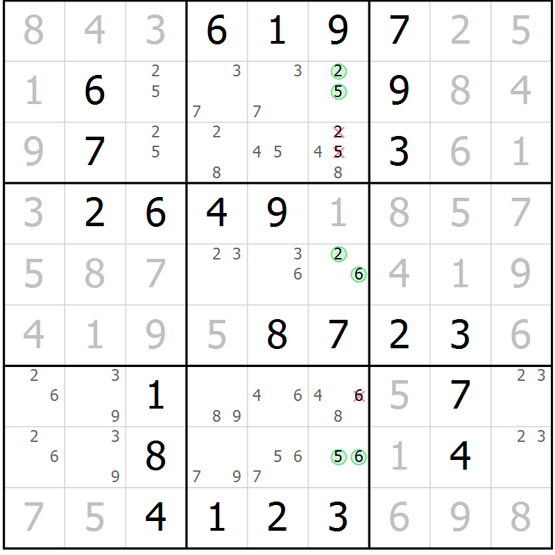 Position des candidats pour la solution de la Gr 25 page 28 du magazine de sudoku Virtuose n° 114