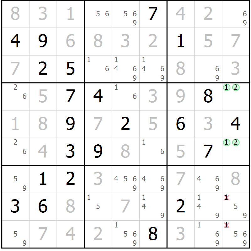 Position des candidats pour la solution de la Gr 28 page 31 du magazine de sudoku Virtuose n° 114