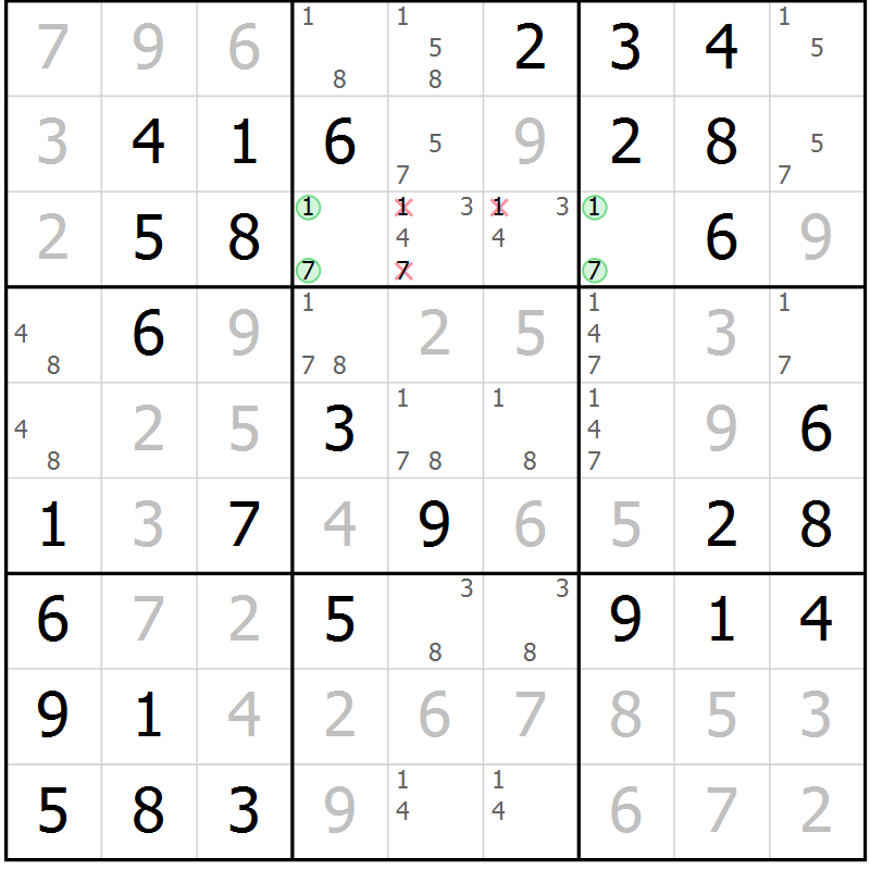 Position des candidats pour la solution de la Gr 29 page 32 du magazine de sudoku Virtuose n° 114