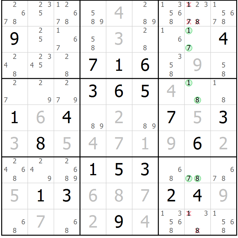 Position des candidats pour la solution de la Gr 3 page 6 du magazine de sudoku Virtuose n° 114
