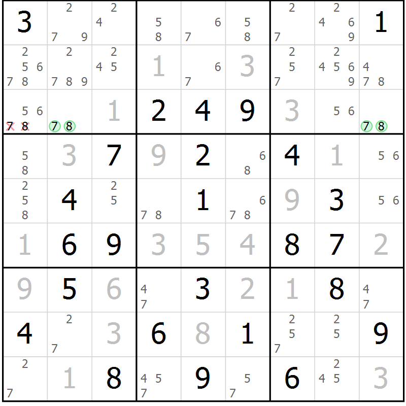 Position des candidats pour la solution de la Gr 30 page 33 du magazine de sudoku Virtuose n° 114
