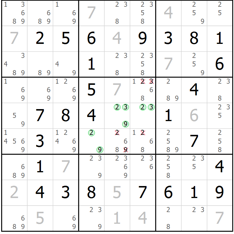 Position des candidats pour la solution de la Gr 33 page 36 du magazine de sudoku Virtuose n° 114