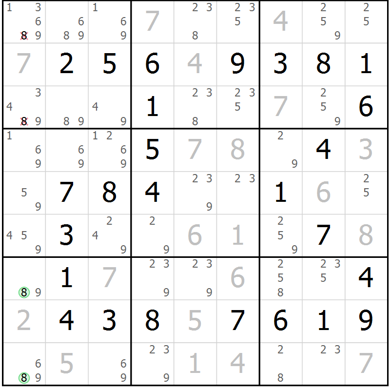 Position des candidats pour la solution de la Gr 33 page 36 du magazine de sudoku Virtuose n° 114