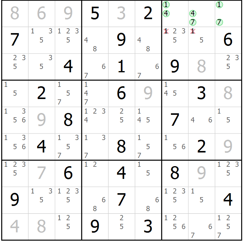 Position des candidats pour la solution de la Gr 36 page 39 du magazine de sudoku Virtuose n° 114