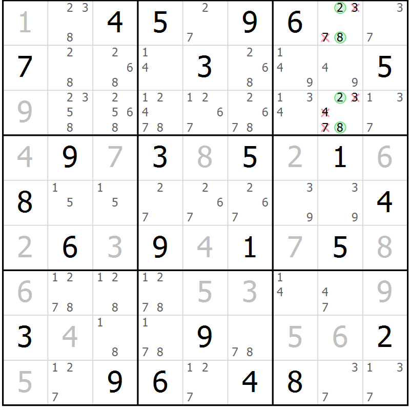 Position des candidats pour la solution de la Gr 39 page 42 du magazine de sudoku Virtuose n° 114