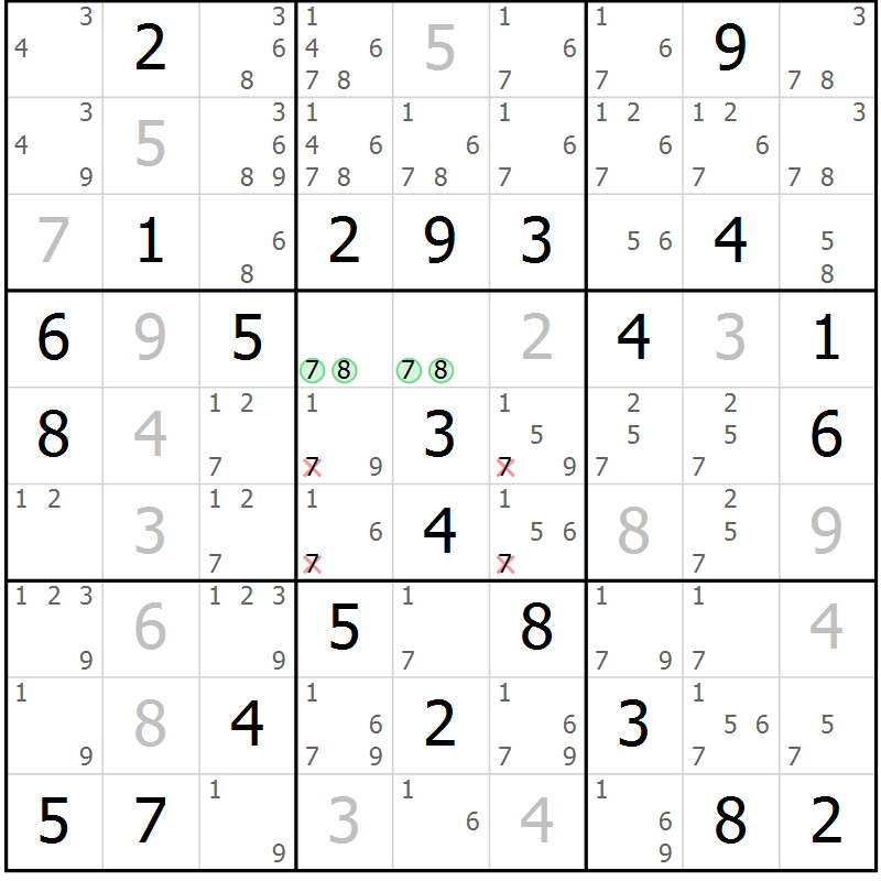 Position des candidats pour la solution de la Gr 43 page 46 du magazine de sudoku Virtuose n° 114