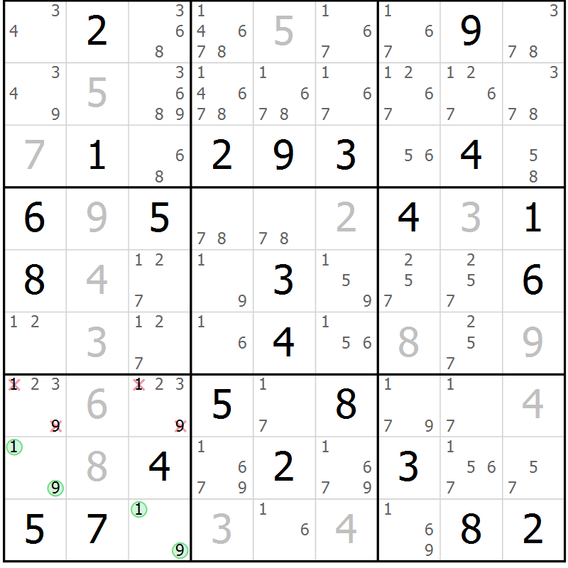 Position des candidats pour la solution de la Gr 43 page 46 du magazine de sudoku Virtuose n° 114