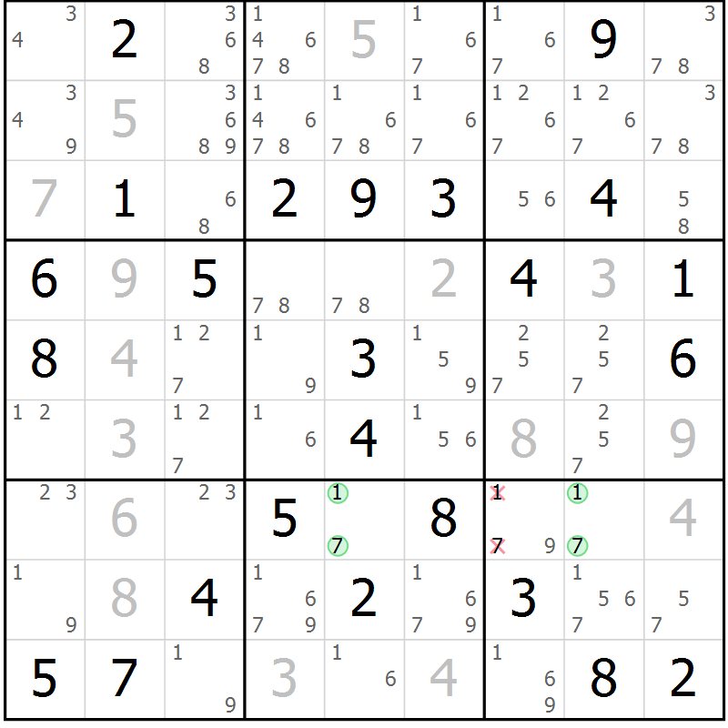 Position des candidats pour la solution de la Gr 43 page 46 du magazine de sudoku Virtuose n° 114