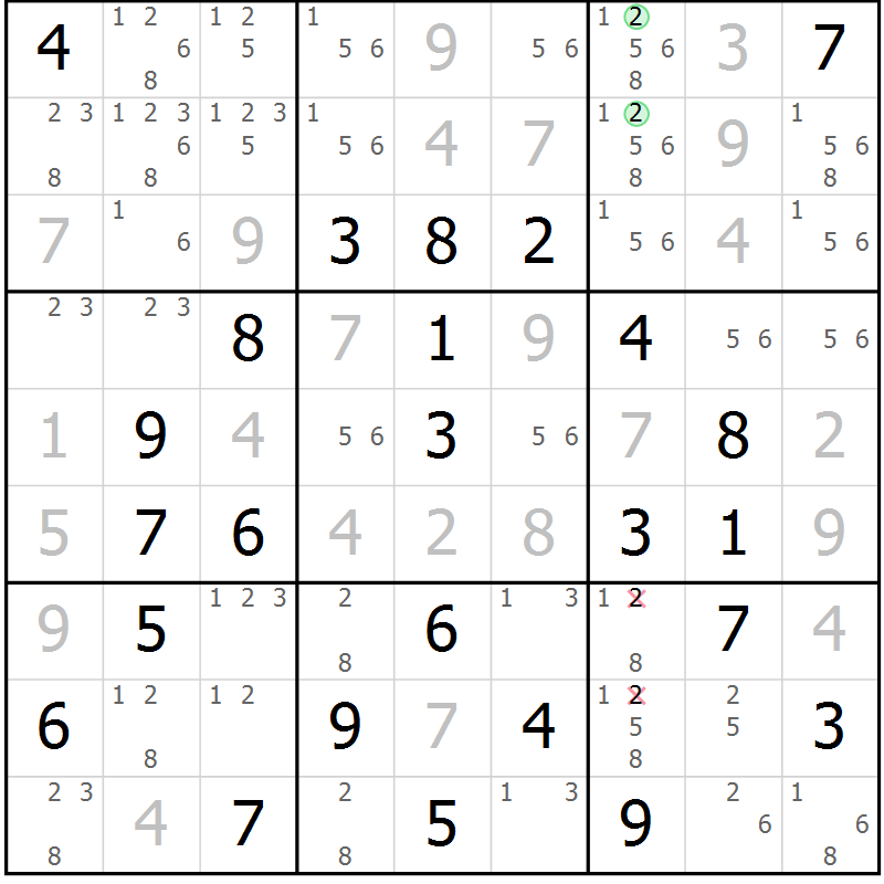 Position des candidats pour la solution de la Gr 45 page 48 du magazine de sudoku Virtuose n° 114