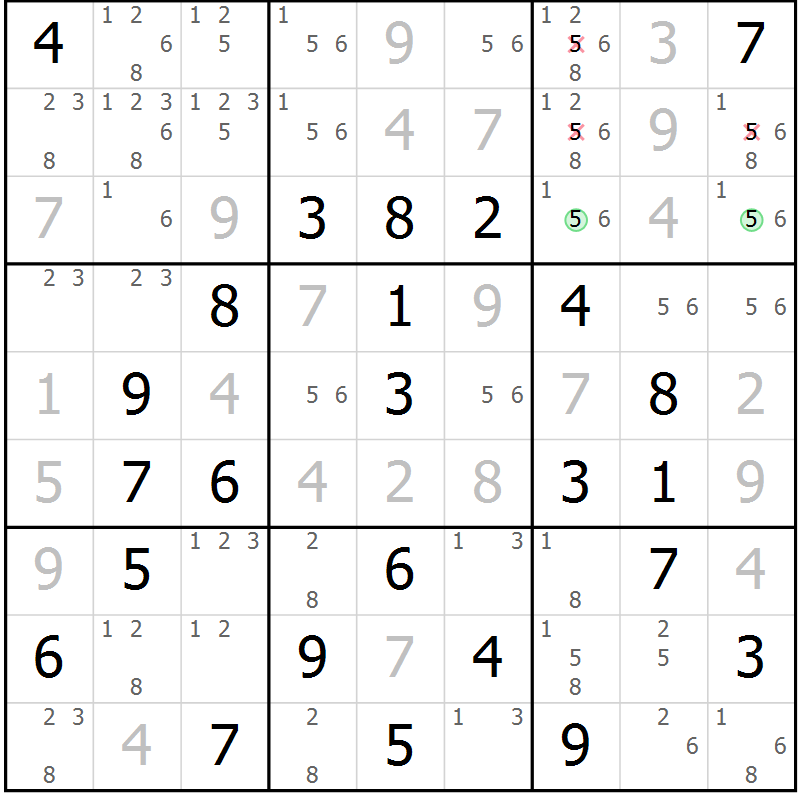Position des candidats pour la solution de la Gr 45 page 48 du magazine de sudoku Virtuose n° 114