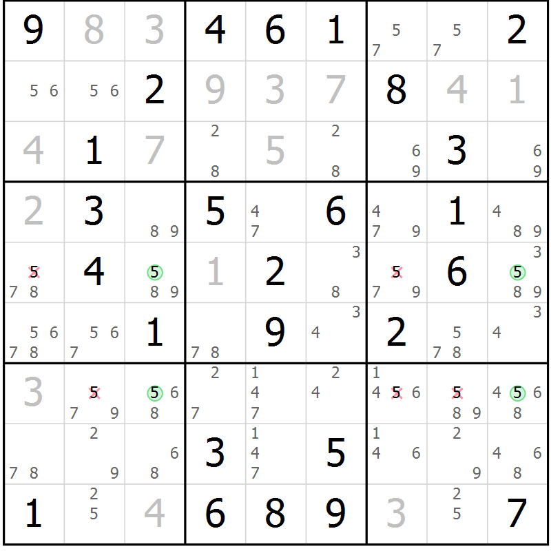 Position des candidats pour la solution de la Gr 46 page 49 du magazine de sudoku Virtuose n° 114