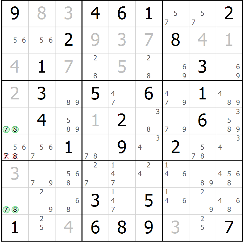 Position des candidats pour la solution de la Gr 46 page 49 du magazine de sudoku Virtuose n° 114