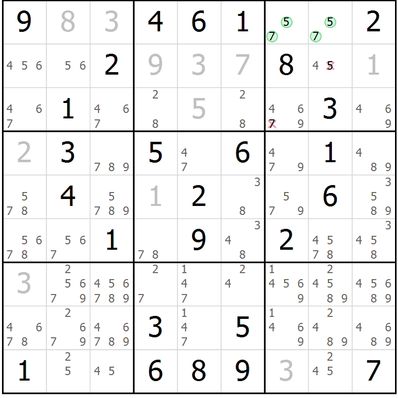Position des candidats pour la solution de la Gr 46 page 49 du magazine de sudoku Virtuose n° 114