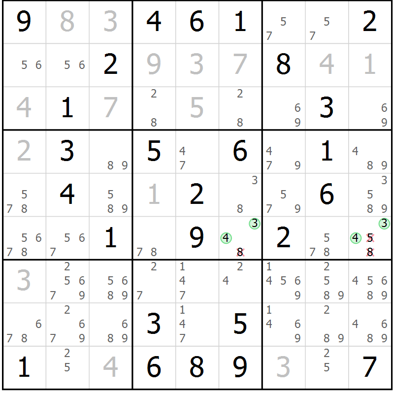 Position des candidats pour la solution de la Gr 46 page 49 du magazine de sudoku Virtuose n° 114
