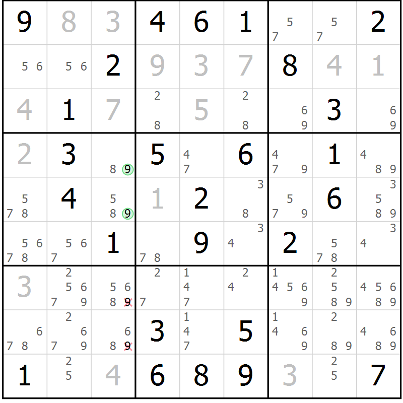 Position des candidats pour la solution de la Gr 46 page 49 du magazine de sudoku Virtuose n° 114