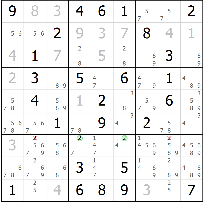 Position des candidats pour la solution de la Gr 46 page 49 du magazine de sudoku Virtuose n° 114