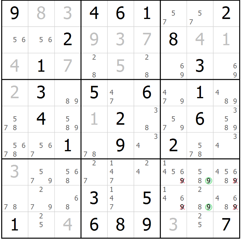 Position des candidats pour la solution de la Gr 46 page 49 du magazine de sudoku Virtuose n° 114