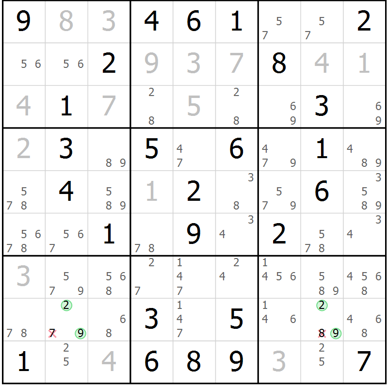 Position des candidats pour la solution de la Gr 46 page 49 du magazine de sudoku Virtuose n° 114