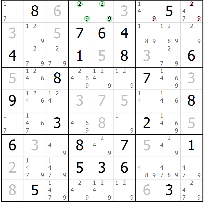 Position des candidats pour la solution de la Gr 47 page 50 du magazine de sudoku Virtuose n° 114