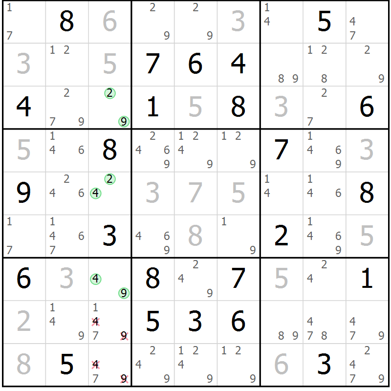 Position des candidats pour la solution de la Gr 47 page 50 du magazine de sudoku Virtuose n° 114