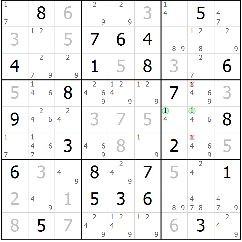 Position des candidats pour la solution de la Gr 47 page 50 du magazine de sudoku Virtuose n° 114