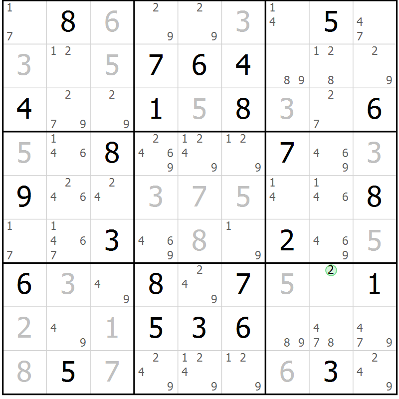 Position des candidats pour la solution de la Gr 47 page 50 du magazine de sudoku Virtuose n° 114