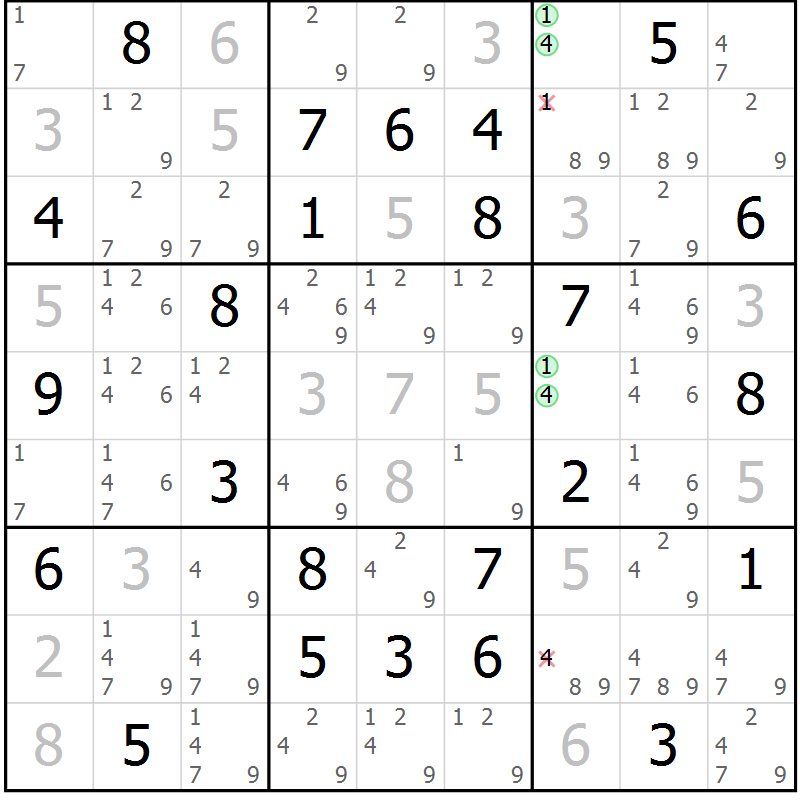 Position des candidats pour la solution de la Gr 47 page 50 du magazine de sudoku Virtuose n° 114