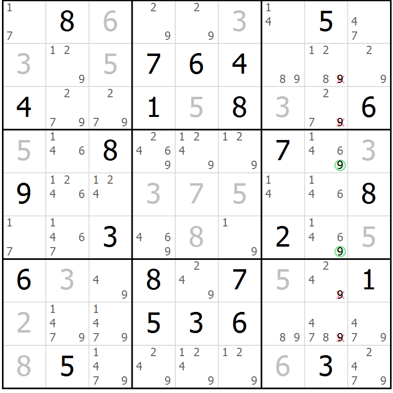 Position des candidats pour la solution de la Gr 47 page 50 du magazine de sudoku Virtuose n° 114