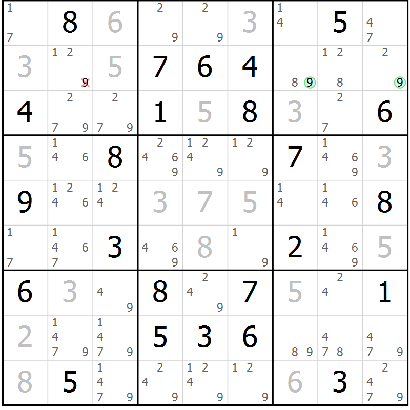 Position des candidats pour la solution de la Gr 47 page 50 du magazine de sudoku Virtuose n° 114