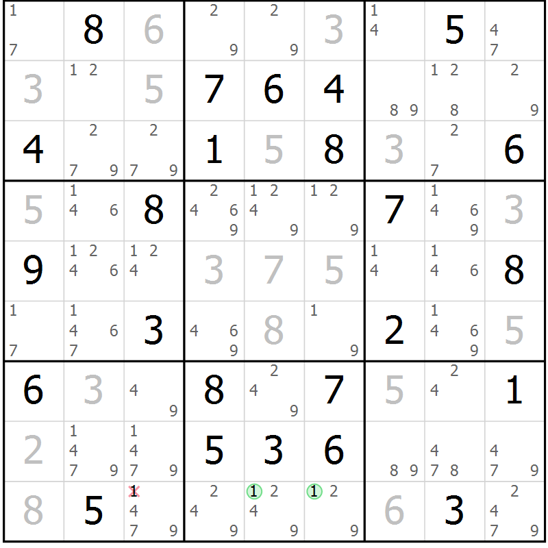 Position des candidats pour la solution de la Gr 47 page 50 du magazine de sudoku Virtuose n° 114