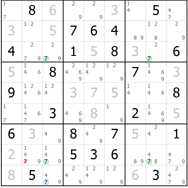 Position des candidats pour la solution de la Gr 47 page 50 du magazine de sudoku Virtuose n° 114