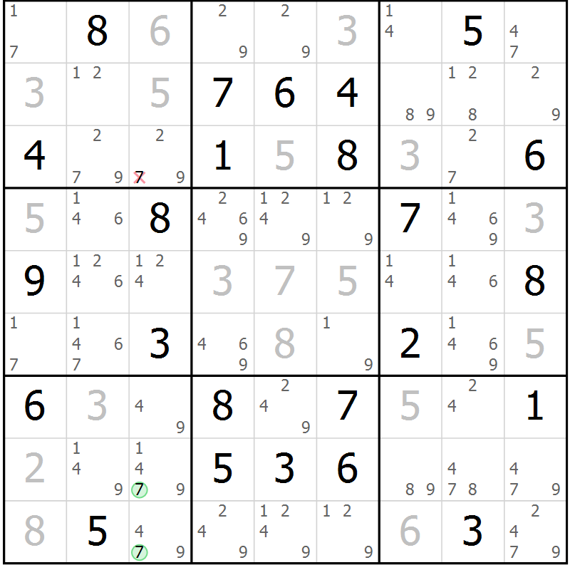 Position des candidats pour la solution de la Gr 47 page 50 du magazine de sudoku Virtuose n° 114