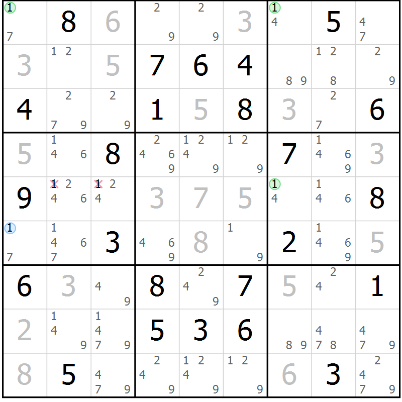 Position des candidats pour la solution de la Gr 47 page 50 du magazine de sudoku Virtuose n° 114