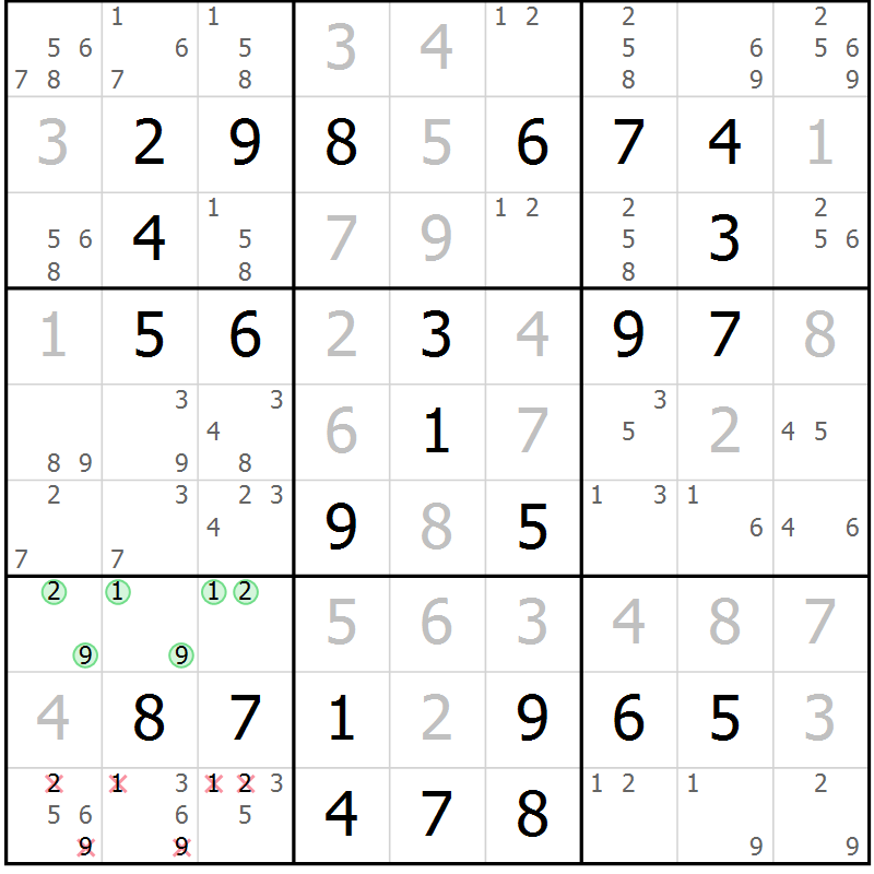 Position des candidats pour la solution de la Gr 49 page 52 du magazine de sudoku Virtuose n° 114