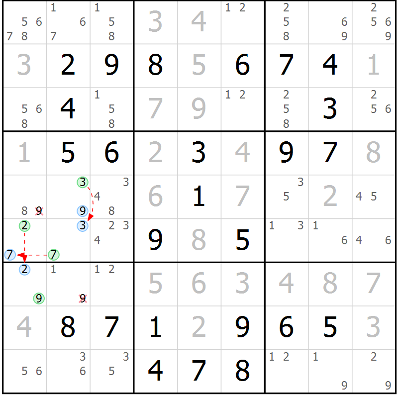 Position des candidats pour la solution de la Gr 49 page 52 du magazine de sudoku Virtuose n° 114