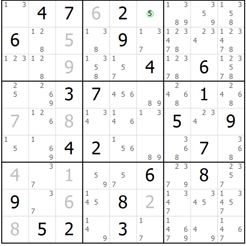 Position des candidats pour la solution de la Gr 5 page 8 du magazine de sudoku Virtuose n° 114