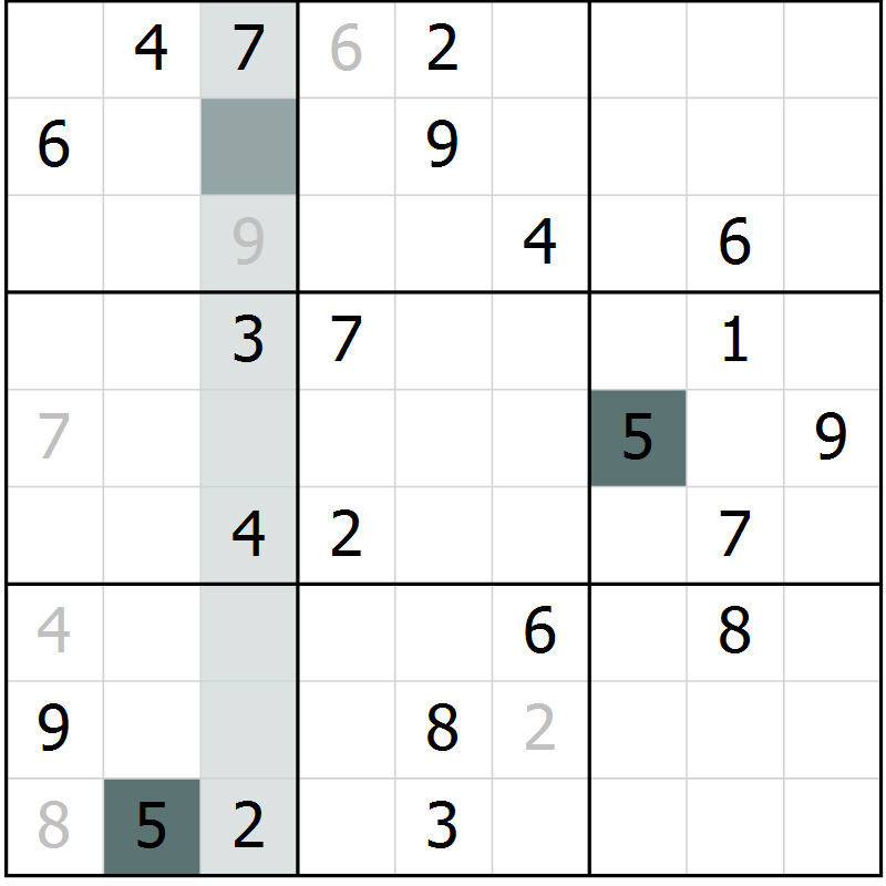 Position des candidats pour la solution de la Gr 5 page 8 du magazine de sudoku Virtuose n° 114