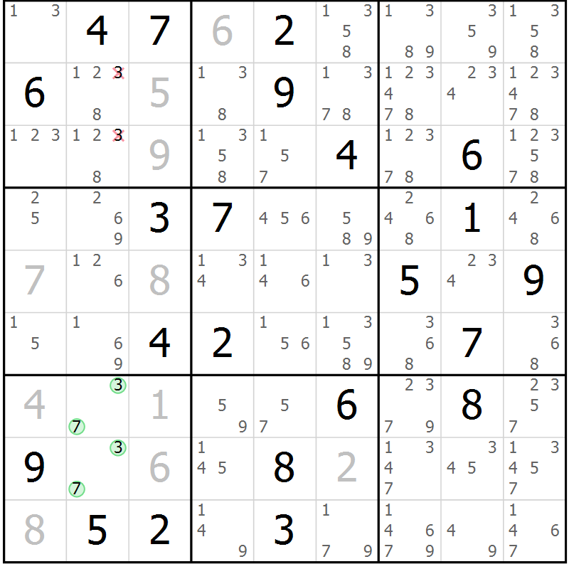 Position des candidats pour la solution de la Gr 5 page 8 du magazine de sudoku Virtuose n° 114