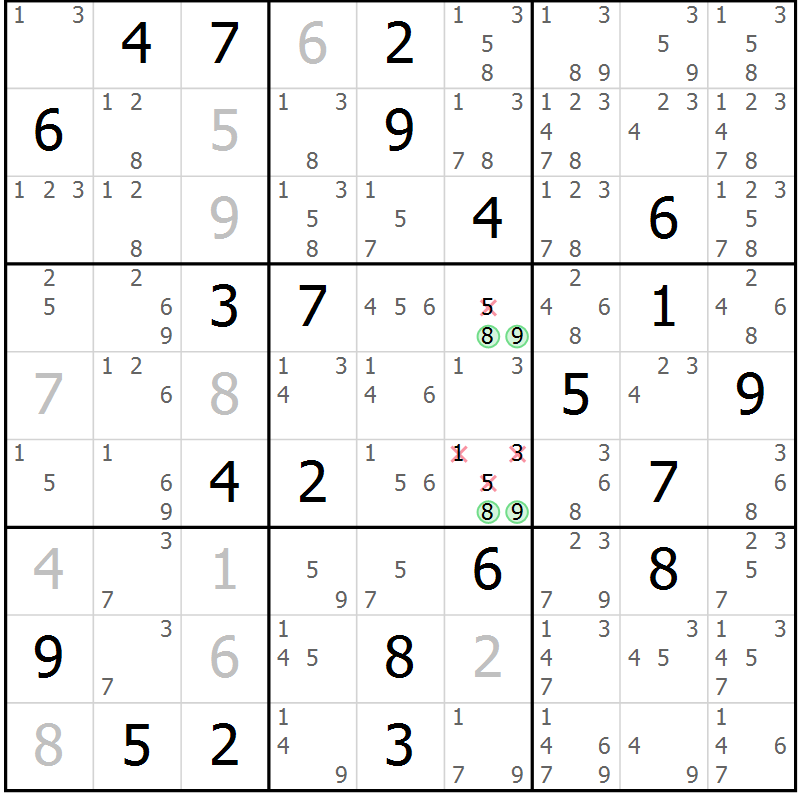 Position des candidats pour la solution de la Gr 5 page 8 du magazine de sudoku Virtuose n° 114