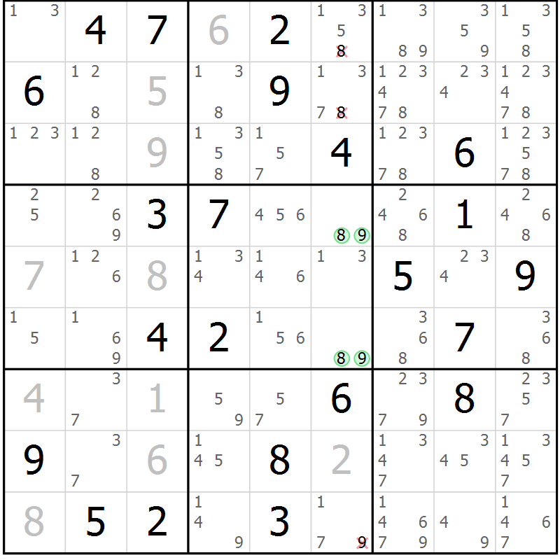 Position des candidats pour la solution de la Gr 5 page 8 du magazine de sudoku Virtuose n° 114