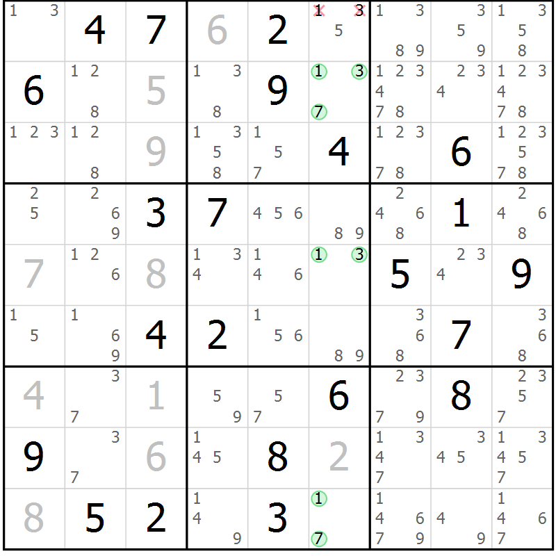 Position des candidats pour la solution de la Gr 5 page 8 du magazine de sudoku Virtuose n° 114