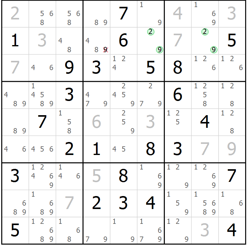 Position des candidats pour la solution de la Gr 50 page 53 du magazine de sudoku Virtuose n° 114