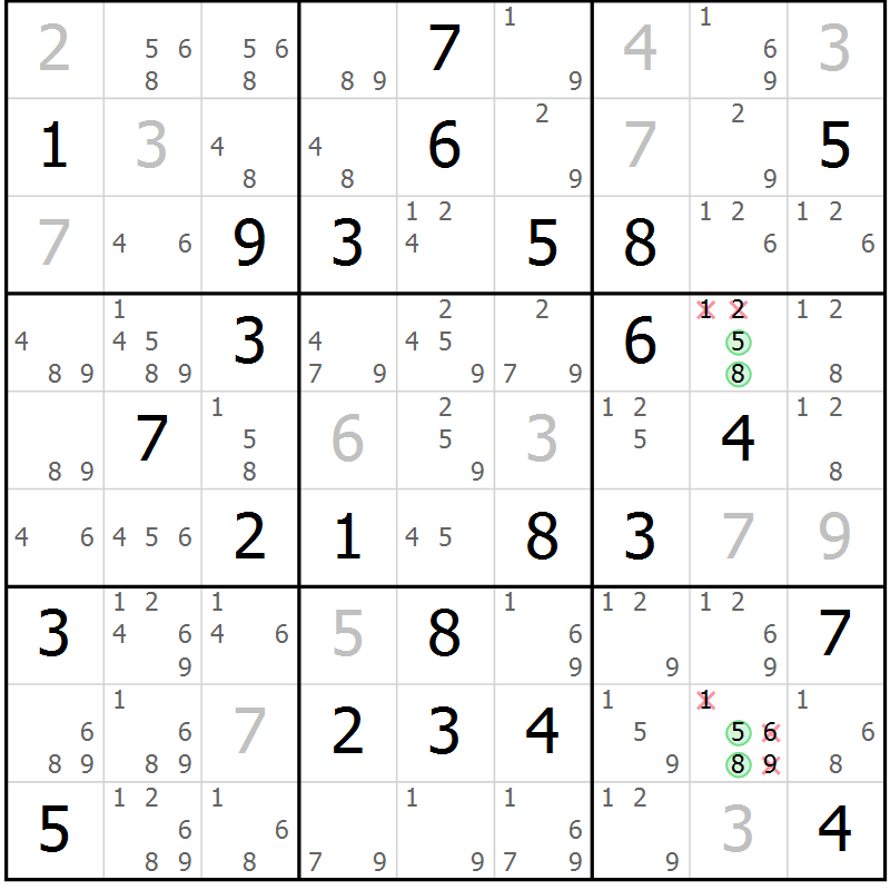 Position des candidats pour la solution de la Gr 50 page 53 du magazine de sudoku Virtuose n° 114
