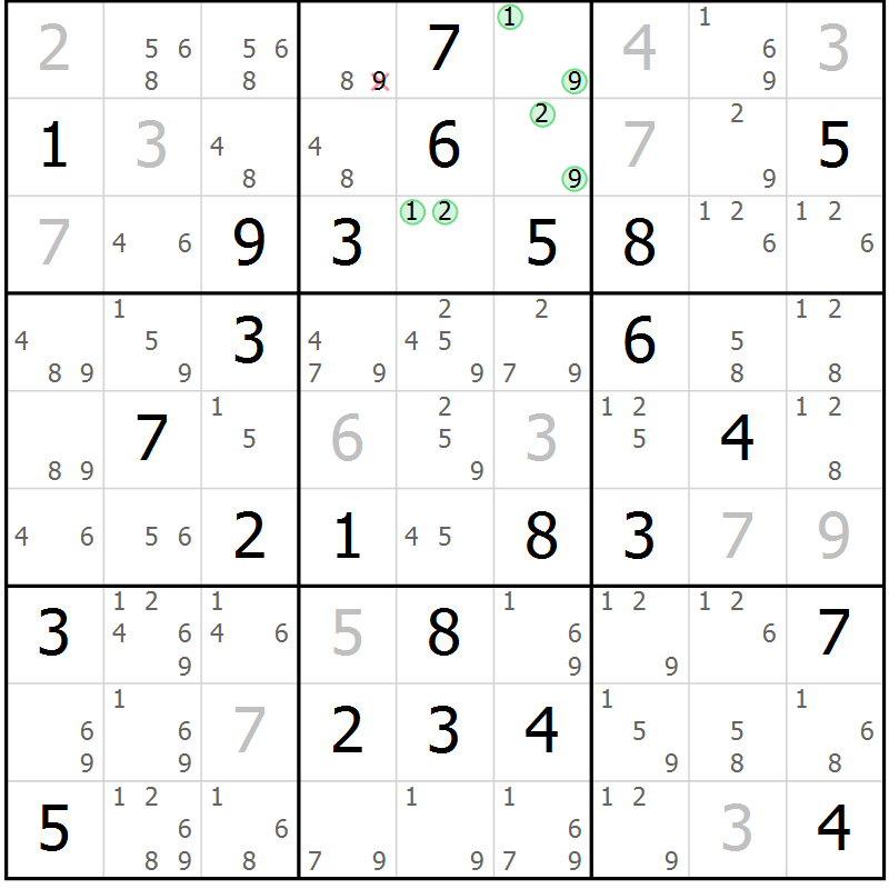Position des candidats pour la solution de la Gr 50 page 53 du magazine de sudoku Virtuose n° 114