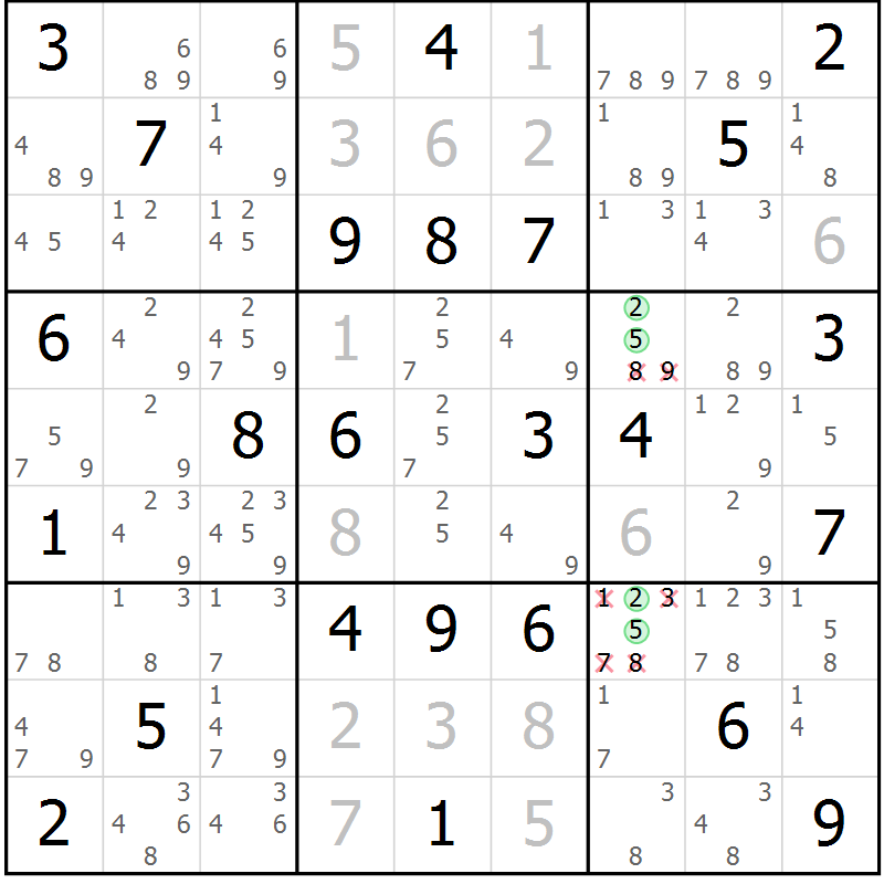 Position des candidats pour la solution de la Gr 53 page 56 du magazine de sudoku Virtuose n° 114
