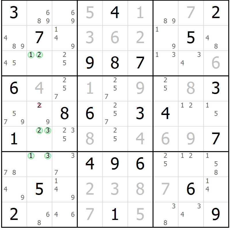 Position des candidats pour la solution de la Gr 53 page 56 du magazine de sudoku Virtuose n° 114