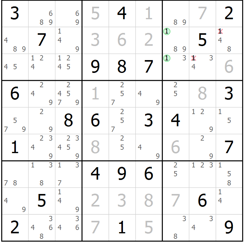 Position des candidats pour la solution de la Gr 53 page 56 du magazine de sudoku Virtuose n° 114