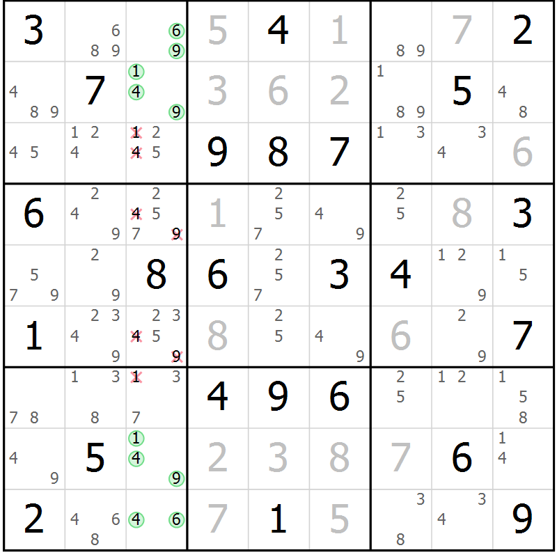 Position des candidats pour la solution de la Gr 53 page 56 du magazine de sudoku Virtuose n° 114