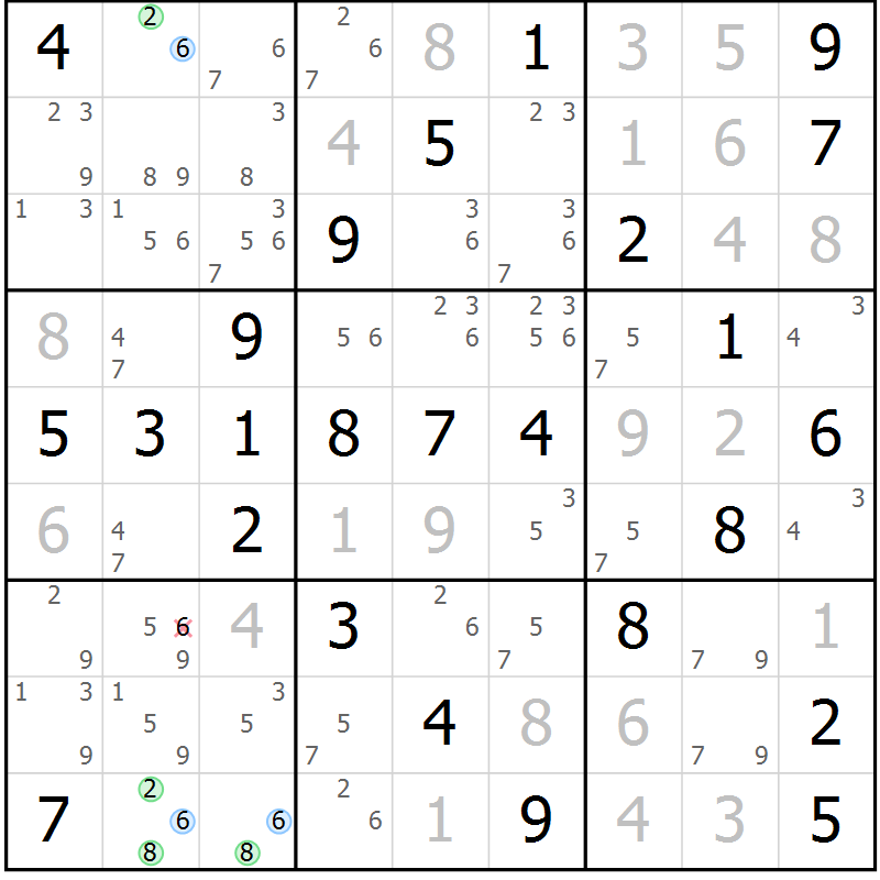 Position des candidats pour la solution de la Gr 54 page 57 du magazine de sudoku Virtuose n° 114