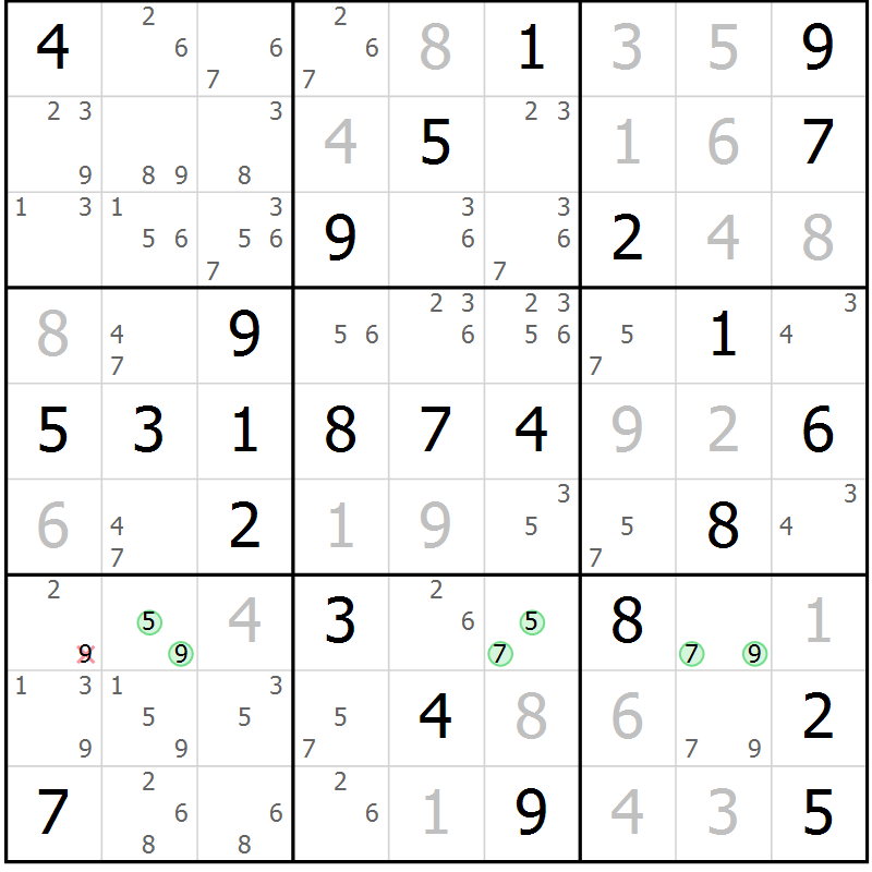Position des candidats pour la solution de la Gr 54 page 57 du magazine de sudoku Virtuose n° 114